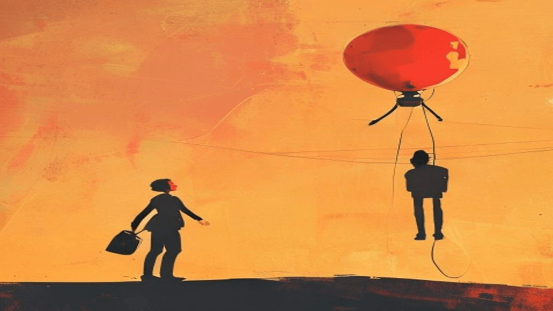Ilustracija: osoba drži na kanapu balon u obliku robota, topao narandžasti zalazak