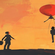Ilustracija: osoba drži na kanapu balon u obliku robota, topao narandžasti zalazak