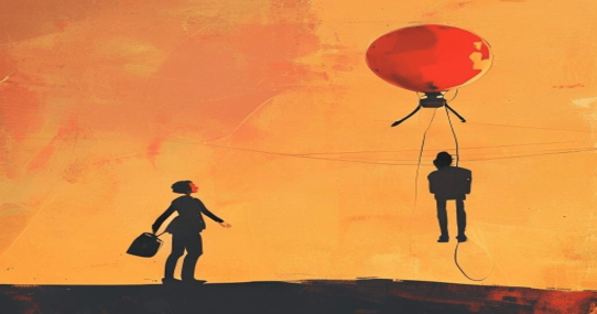 Ilustracija: osoba drži na kanapu balon u obliku robota, topao narandžasti zalazak