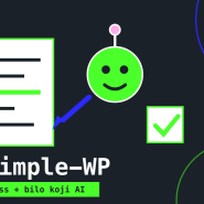 Ilustracija GoSimple-WP plugina: AI robot piše tekst u WordPress dokument, uz natpis WordPress plus bilo koji AI