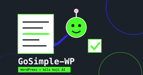 Ilustracija GoSimple-WP plugina: AI robot piše tekst u WordPress dokument, uz natpis WordPress plus bilo koji AI