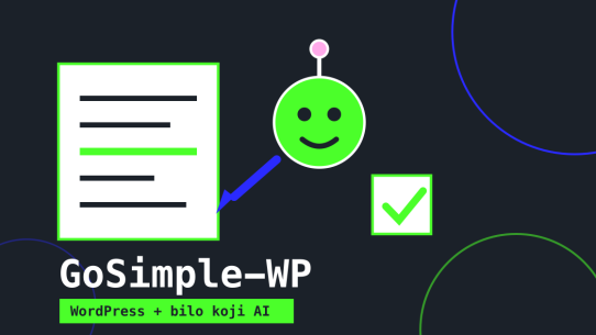 Ilustracija GoSimple-WP plugina: AI robot piše tekst u WordPress dokument, uz natpis WordPress plus bilo koji AI
