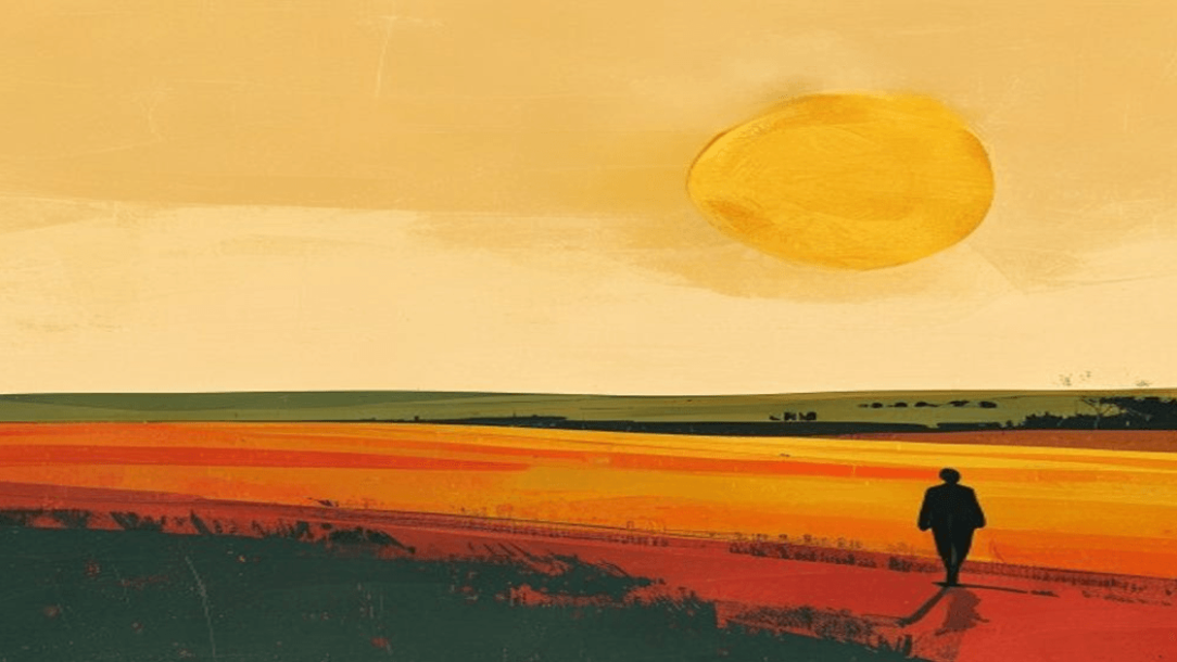 Ilustracija: zlatnik zalazi kao sunce nad poljem, silueta čoveka u pejzažu