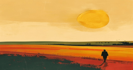 Ilustracija: zlatnik zalazi kao sunce nad poljem, silueta čoveka u pejzažu