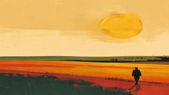 Ilustracija: zlatnik zalazi kao sunce nad poljem, silueta čoveka u pejzažu