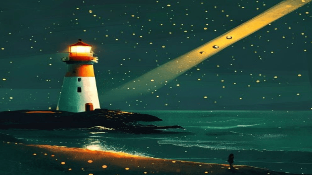 Ilustracija: svetionik noću baca zlatni snop svetla nad tamnim morem sa svetlećim tačkama