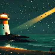 Ilustracija: svetionik noću baca zlatni snop svetla nad tamnim morem sa svetlećim tačkama