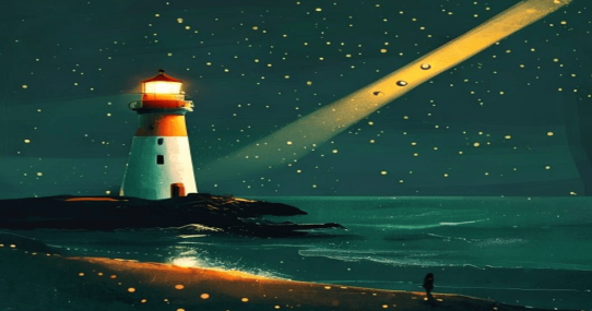 Ilustracija: svetionik noću baca zlatni snop svetla nad tamnim morem sa svetlećim tačkama