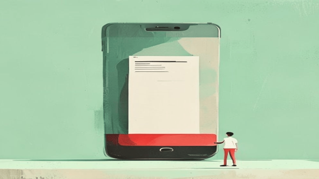 Ilustracija: džinovski telefon sa računom na ekranu, sitna osoba ga gleda, mint pozadina