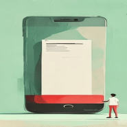 Ilustracija: džinovski telefon sa računom na ekranu, sitna osoba ga gleda, mint pozadina