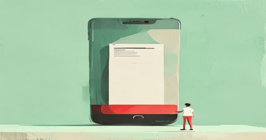 Ilustracija: džinovski telefon sa računom na ekranu, sitna osoba ga gleda, mint pozadina
