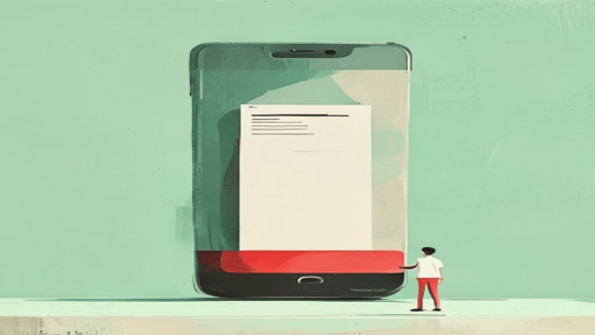 Ilustracija: džinovski telefon sa računom na ekranu, sitna osoba ga gleda, mint pozadina