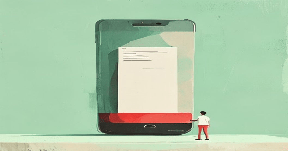 Ilustracija: džinovski telefon sa računom na ekranu, sitna osoba ga gleda, mint pozadina
