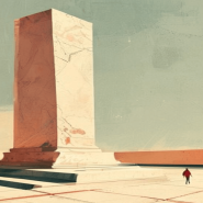 Ilustracija: kameni stub kao spomenik zakona na praznom trgu, sitne figure u podnožju