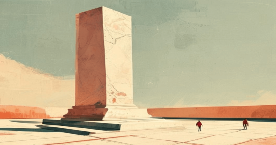 Ilustracija: kameni stub kao spomenik zakona na praznom trgu, sitne figure u podnožju