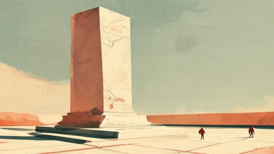 Ilustracija: kameni stub kao spomenik zakona na praznom trgu, sitne figure u podnožju