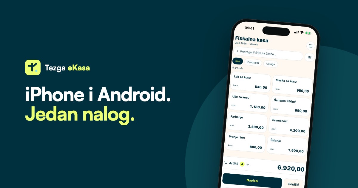Ekran fiskalne kase Tezga eKasa na telefonu, uz natpis iPhone i Android, jedan nalog